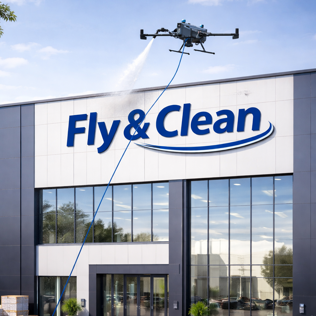 Ein Hochdruckreiniger reinigt die Fassade eines modernen Gebäudes mit dem Namen "Fly & Clean".