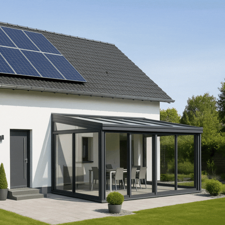 Wintergarten reinigen Moderne Terrasse mit Glasdach, angrenzend an ein Haus mit Solarpanelen. Grüner Garten im Hintergrund.