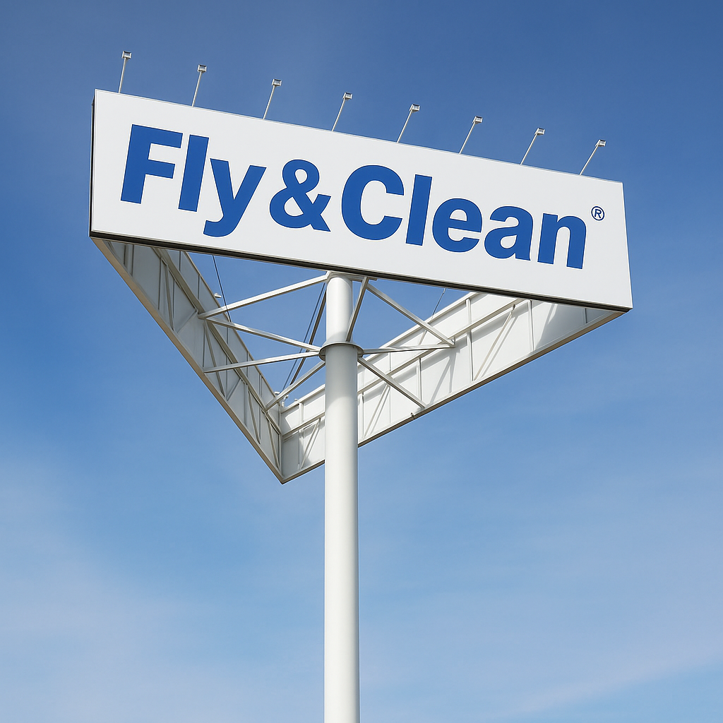 Ein großes Werbeschild mit der Aufschrift "Fly & Clean" vor blauem Himmel.