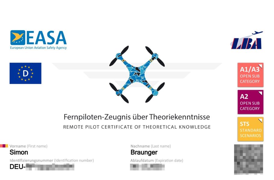 Pilotenlizenz Ein Dokument mit Informationen zur Fernpilotenlizenz und einem Drohnenbild.